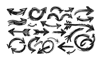 Modern Vector illustration of hand-drawn arrows in a sketch style, including curved, straight, double-headed, and circular arrows, easily editable.