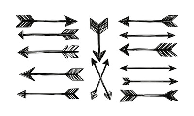 Modern Vector illustration of hand-drawn arrows in a sketch style, including curved, straight, double-headed, and circular arrows, easily editable.
