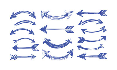 Modern Vector illustration of hand-drawn arrows in a sketch style, including curved, straight, double-headed, and circular arrows, easily editable.