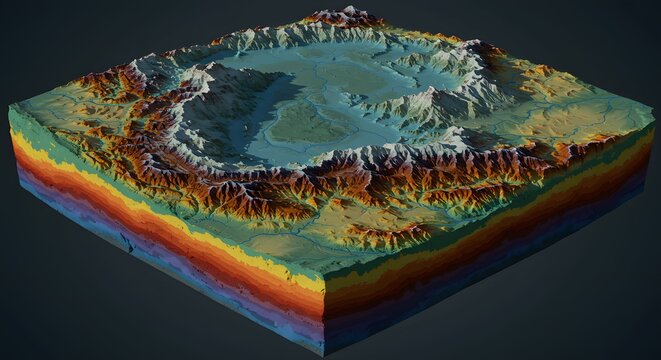 A detailed 3D topographic relief map showing a volcanic caldera crater and a cross-section of the Earth's crust with geological layers and hypsometric data.