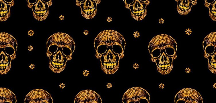 Seamless black background pattern featuring golden rhinestone skulls Happy Halloween,  glitter,  pattern