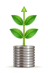 Green Plant Growing from Metallic Coins with Upward Arrows Symbolizing Wealth Business Nature Growth Perspective