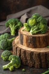 Fresh Broccoli Harvest on Wooden Slice Kitchen Setting Nature Photography Rustic Vibe Close-Up Healthy Eating