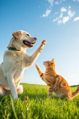 Playful Dog and Cat Interaction in Nature Outdoor Animal Photography Bright Sky Fun and Friendship