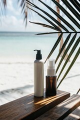 Relaxing Beach Scene Tropical Paradise Skincare Products Outdoor Close-Up Wellness