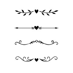Text dividers doodle set. Wedding decorative elements. Divider ornament, borders, vintage line separators. Hand drawn vector illustration isolated on white background