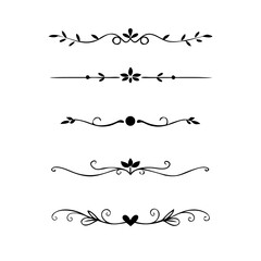 Text dividers doodle set. Wedding decorative elements. Divider ornament, borders, vintage line separators. Hand drawn vector illustration isolated on white background