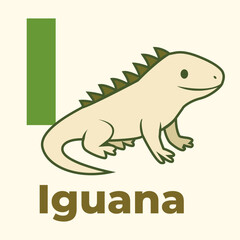 Adorable cartoon iguana with the letter I. Great for kids flashcards, educational materials, alphabet books, and preschool learning. Simple flat vector style.