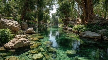 : A clear stream meandering through a forest 