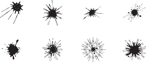 Eight Ink Splatter Variations: Black Ink Blots, High-Resolution Vector Graphics, Abstract Design Elements.