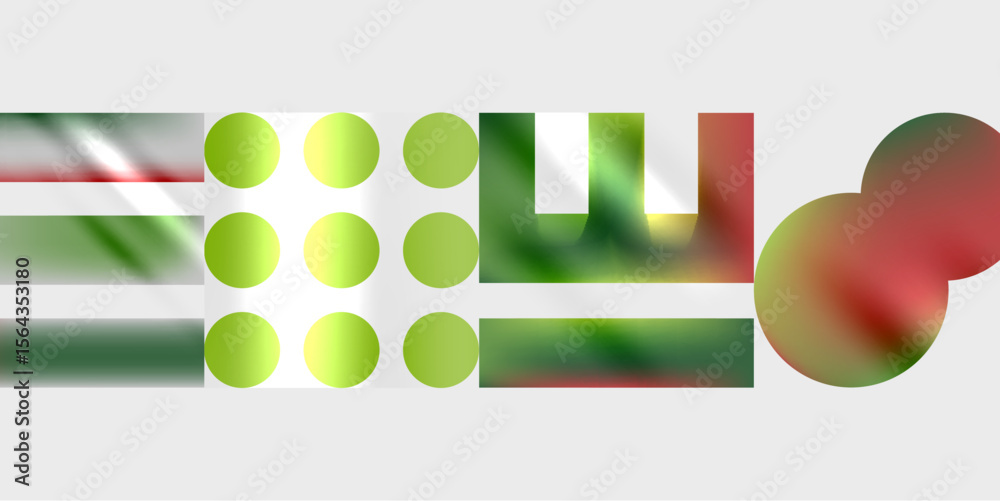 Poster Abstract composition. Green, red shapes overlap. Rectangles, circles create dynamic visual effect. Minimalist design, modern aesthetic.