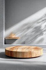Wooden circular podium in a modern space