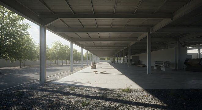 A minimalist one-point perspective of a deserted industrial building's covered exterior, showcasing brutalist concrete architecture and realistic 3D rendering.