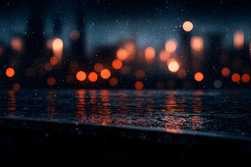 Rainy Night Cityscape with Glowing Bokeh Lights for Urban Mood and Atmospheric Photography