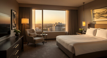 Fototapeta premium Modern Luxury Hotel Room Interior with Elegant Decor, Minimalist Modern Hotel Room Design with Clean Lines
