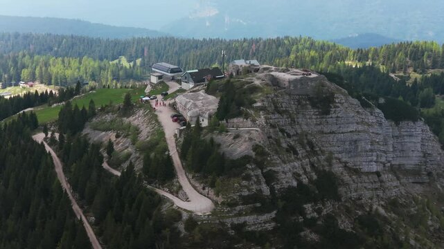 Historic Verena Fort captured in a stunning aerial view amidst forested mountains.
