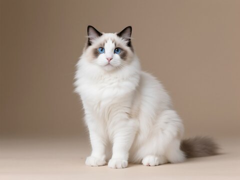 Ragdoll cat sitting, looking at the camera, on a light beige background, in a studio setting.