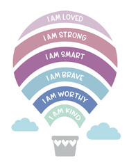 I Am Affirmation Hot Air Balloon – Inspirational Wall Art for Kids in Soft Colors