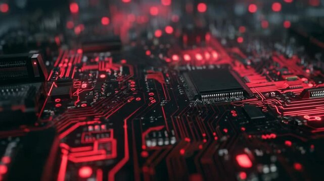 Abstract Circuit Board with Glowing Red Traces, Exploring Advanced Technology Concept