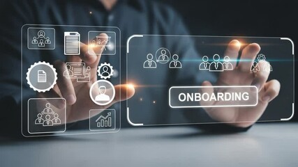 Person interacting with onboarding interface showing team and workflow representations in a futuristic style - Powered by Adobe