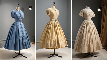 Obraz premium An elegant bridal gown collection on hangers and mannequins showcasing vintage fashion and modern design silhouettes
