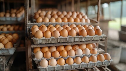 Fresh eggs poultry farming, hens in coop laying eggs, baskets of eggs collected daily, clean habitat shown, rural organic egg production method visible on small-scale farm