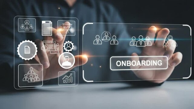 Person interacting with onboarding interface showing team and workflow representations in a futuristic style - Powered by Adobe