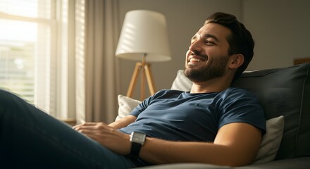Relaxed and happy man enjoying a moment of peace and quiet at home, bathed in warm sunlight streaming through a window, embodying comfort and contentment in a cozy living space.