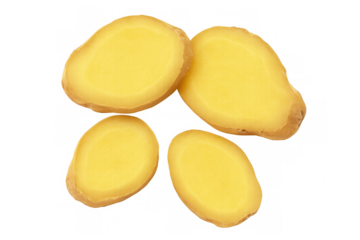 Four fresh ginger slices displayed on a transparent background, showcasing their vibrant yellow color and smooth texture