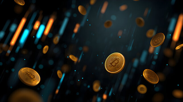 Floating bitcoins with blue and orange light streaks on a dark background digital currency concept