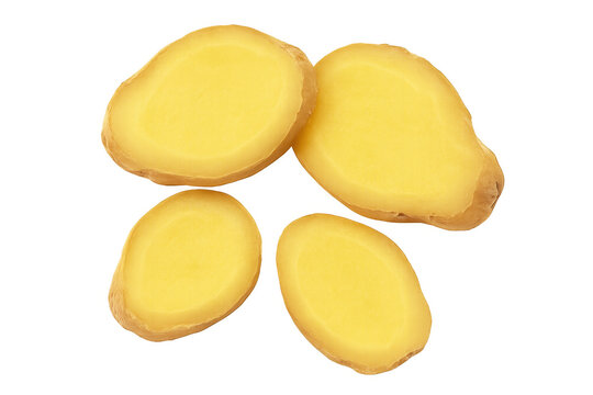 Four fresh ginger slices displayed on a transparent background, showcasing their vibrant yellow color and smooth texture
