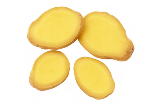 Four fresh ginger slices displayed on a transparent background, showcasing their vibrant yellow color and smooth texture