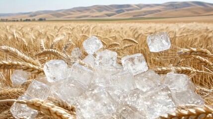Ice Cubes in Golden Wheat Field, Summer Heat Relief Concept