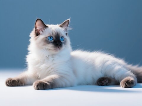 an elegant white Ragdoll cat with blue eyes, lying on the floor against a light-blue background