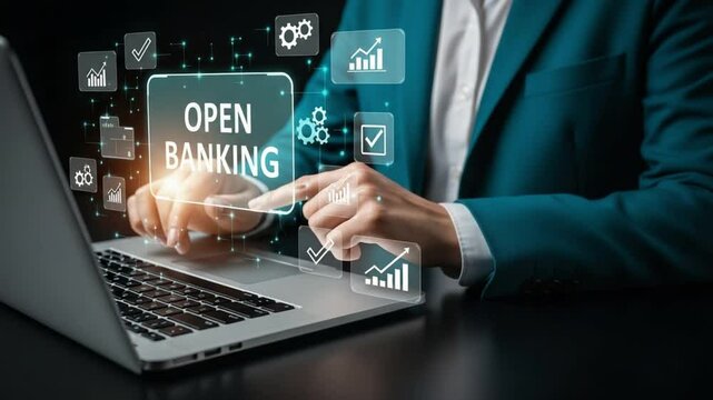 Person typing on a laptop with open banking text and data icons floating around the screen view image - Powered by Adobe