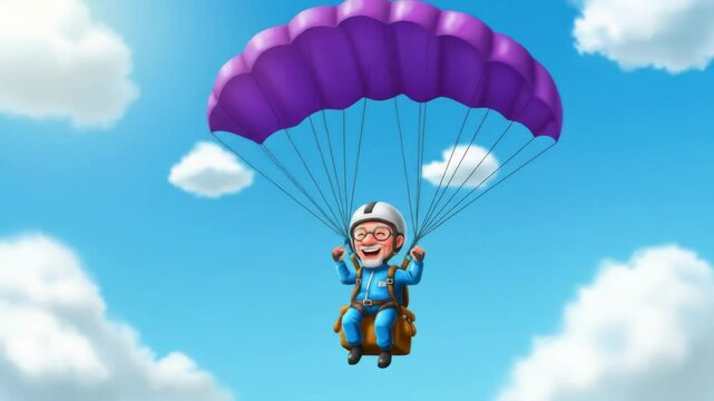 Senior Man Paragliding in a Bright Sky - A cheerful senior man with glasses smiles as he paraglides under a vibrant purple parachute against a backdrop of fluffy white clouds and a clear blue sky.
