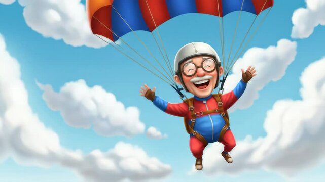 Senior Citizen Skydiving with Joyful Expression - A cartoon illustration of a smiling senior man skydiving with a colorful parachute against a bright blue sky with fluffy white clouds.