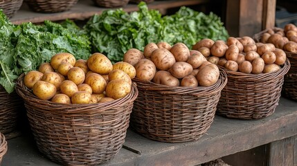 Freshly harvested potatoes baskets, rural farm produce, crop collection, sustainable agriculture, organic farming, fresh vegetables, farm-to-table, countryside living