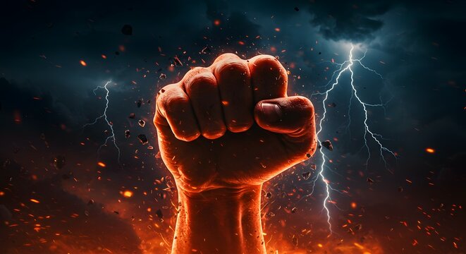 A powerful fist of fire and fury is raised in defiance against a dramatic stormy sky with lightning, symbolizing strength, revolution, anger, and raw energy.