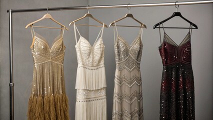 A wedding dress gracefully hangs on a hanger, showcasing its elegant design