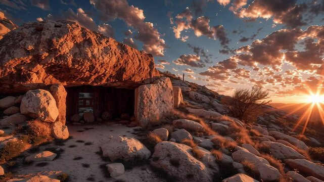 Empty tomb at sunrise with rolling stone and sunbeams