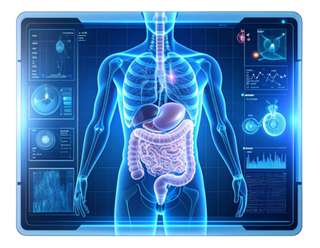  Minimalist Hologram Interface Display of Human Digestive Organs, Side Profile, Isolated on Transparent Background