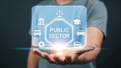 Person holding a public sector interface with icons representing government and education services - Powered by Adobe