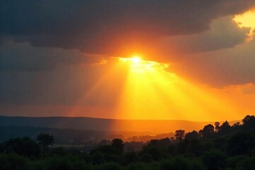 Dramatic Sunbeams Piercing Clouds, Illuminating a Landscape Below - Atmospheric Nature Photography