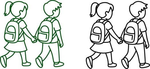 Naklejka premium Illustration of kids going to school with backpacks holding hands in black and white line art style