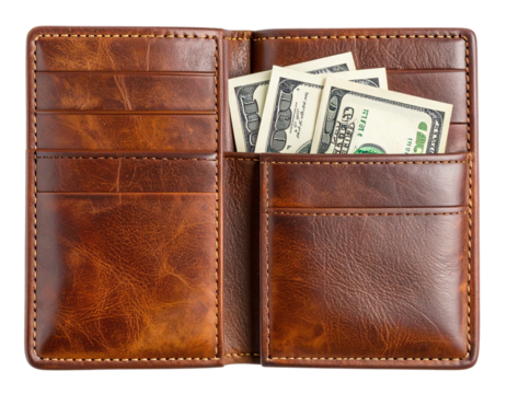 Open Vintage Leather Wallet Showing Folded Dollar Bill, Top-Down View, Isolated on Transparent Background”