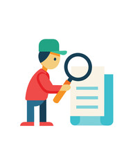 Flat Vector Illustration of Inspector Examining Document with Magnifying Glass Person Reviewing Information for Accuracy and Thoroughness Process of Auditing
