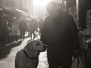 Visually Impaired Person with Guide Dog at Sunrise Market