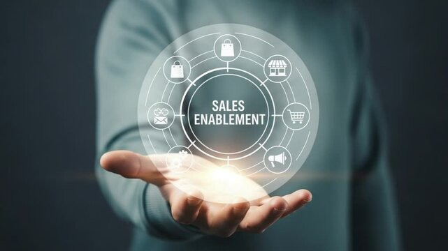 Hand holding sales enablement graphic with shopping bag cart and megaphone icons in circle