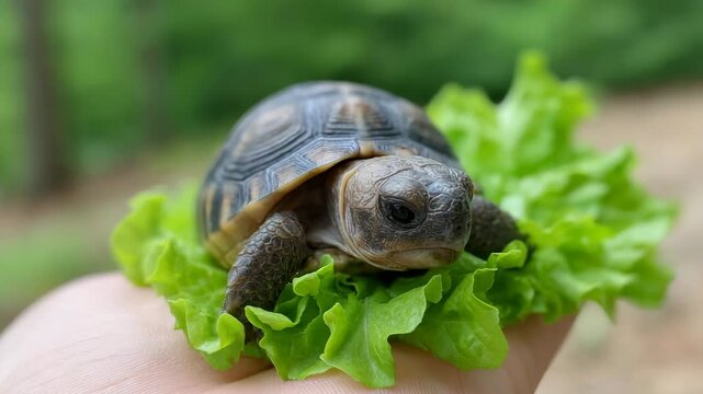 Tiny Tortoise with Lettuce Feast: a close-up view of a small tortoise resting gracefully on fresh, vibrant green lettuce leaves, showcasing its unique shell pattern against a blurred natural backdrop.